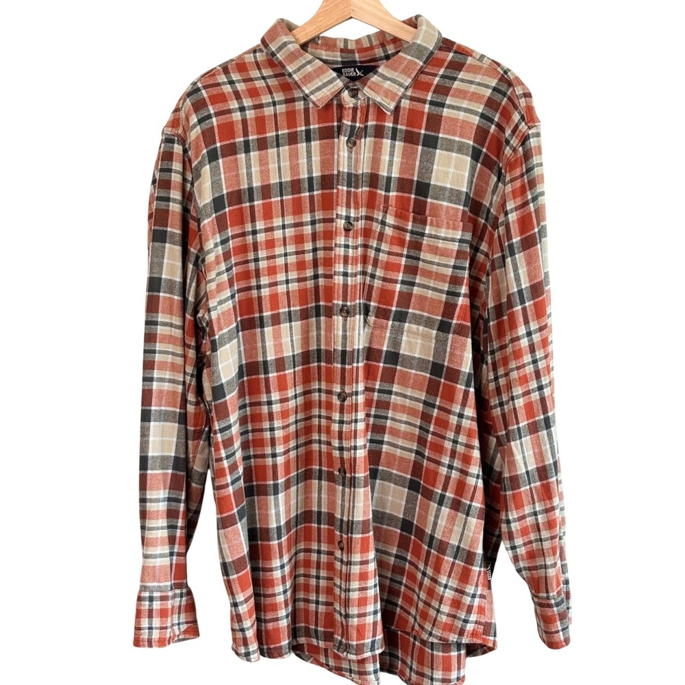 Eddie Bauer Mens XXL Orange‎ Plaid Flannel Button Down Shirt Long Sleeve Cotton